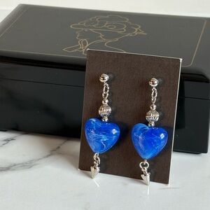Vintage Avon 90s Blue Lucite Heart Swirl Drop Earrings Silver 2" Dangle NIB